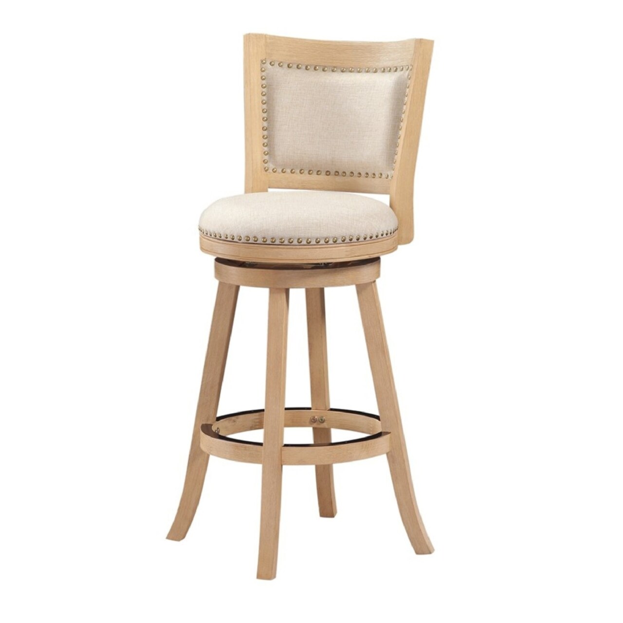 Saltoro Sherpi Kia 29 Inch Solid Wood Swivel Barstool, Curved Panel Back, Brass Nailheads, Ivory-
